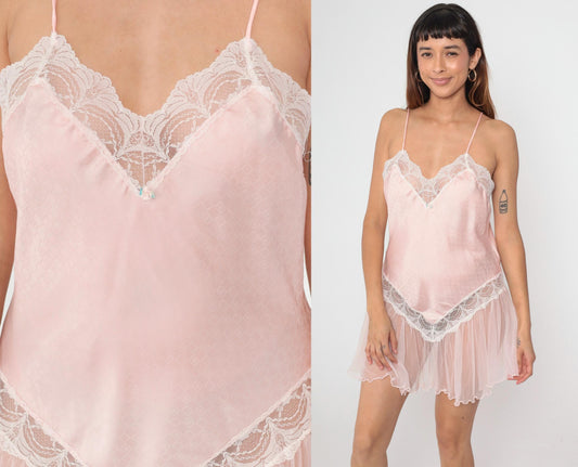 80s Jaclyn Smith Pink Jacquard Babydoll Slip Dress Lace Trim Mini Medium M