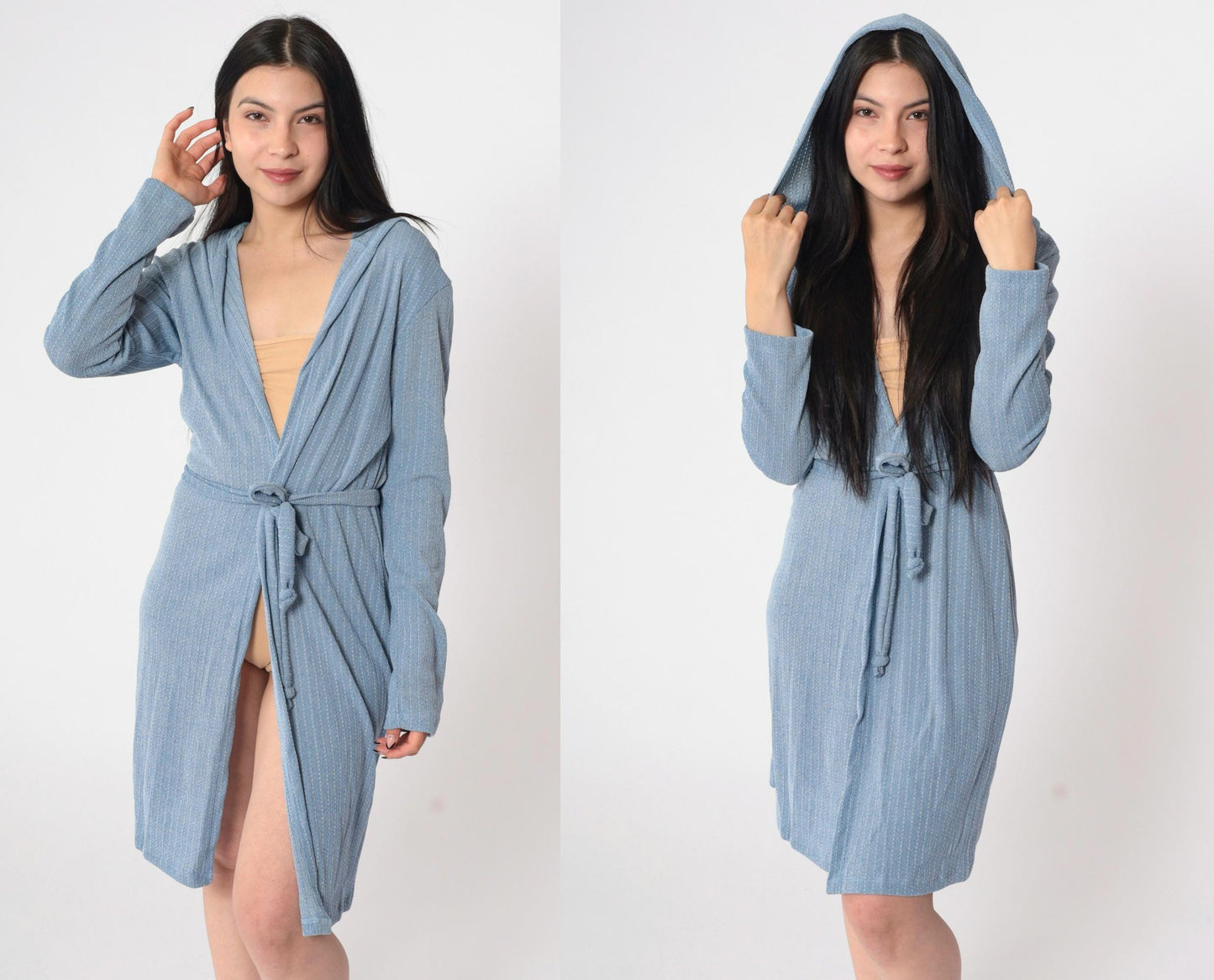90s Blue Pinstriped Knit Hooded Jacket Tie Waist Open Front Knee Length Large