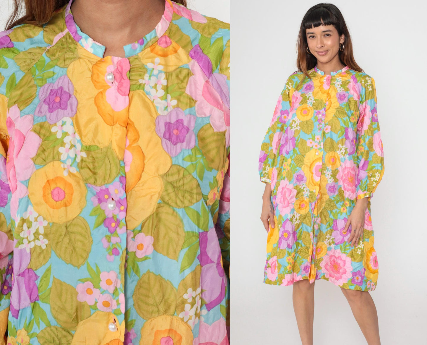 1970s Stella Faquin Quilted Floral Housecoat Pink Yellow Button-Up Robe Large