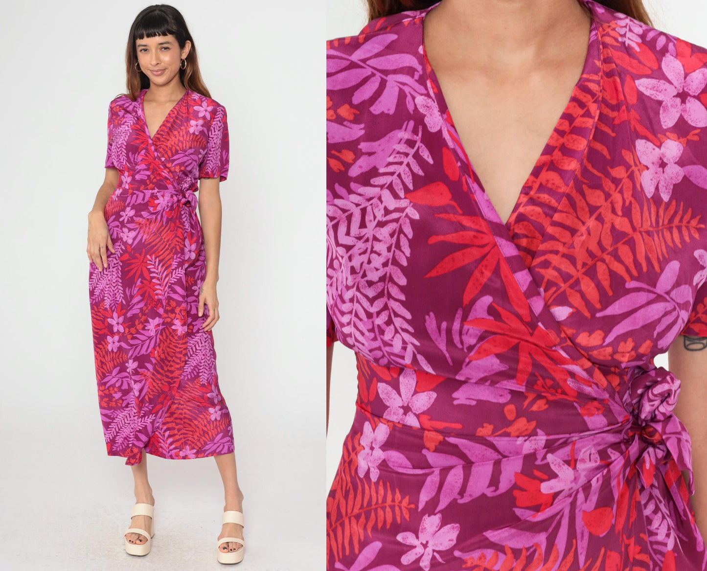 Y2K Adrianna Papell Silk Wrap Dress Purple Red Floral Midi Small 6