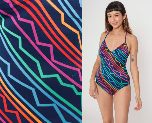 80s Catalina One-Piece Swimsuit Blue Rainbow Striped V-Neck Criss-Cross Back Small