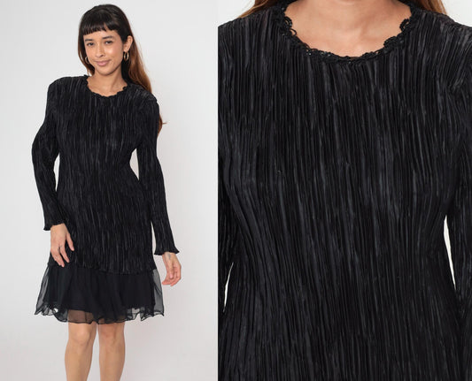 80s Black Crinkle Pleat Dress Sequin Trim Long Sleeve Chiffon Ruffle Cocktail Medium