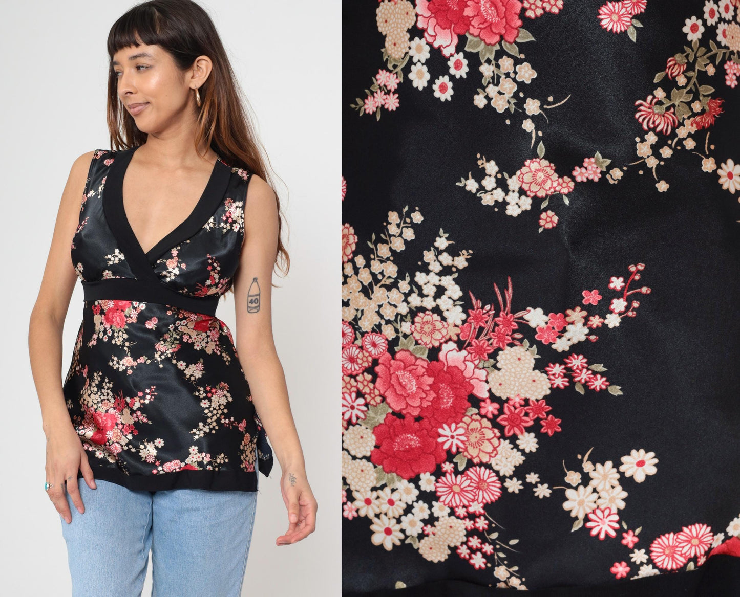 Y2K Black Satin Floral Tank Top Deep V Neck Empire Waist 00s Medium