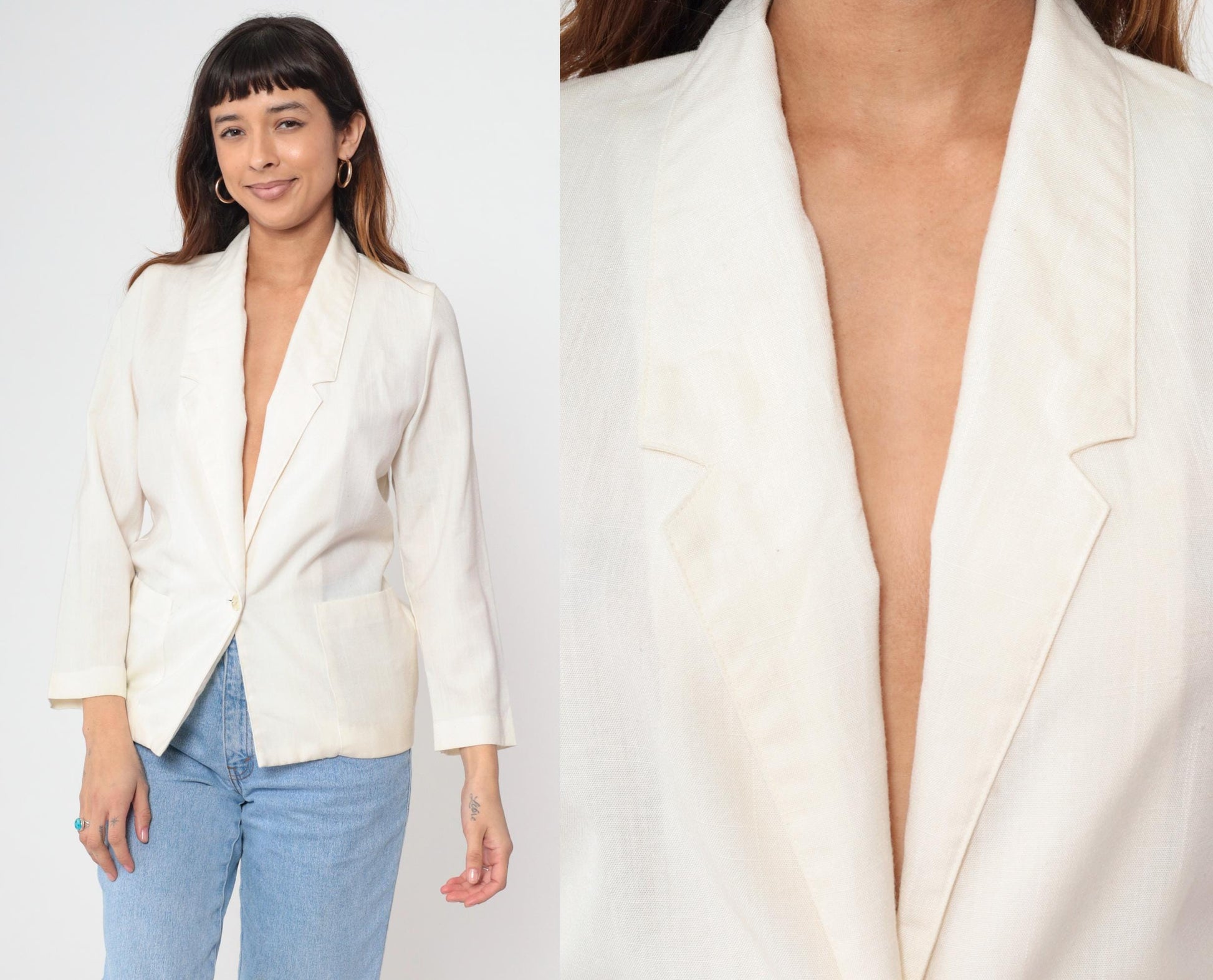 80s White Single Button Blazer Deep V Neck Structured Jacket Petite XS
