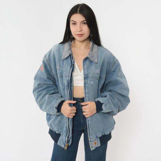 90s Carhartt Bomber Jacket Blue Duck Corduroy Collar Bluewater Services Large L