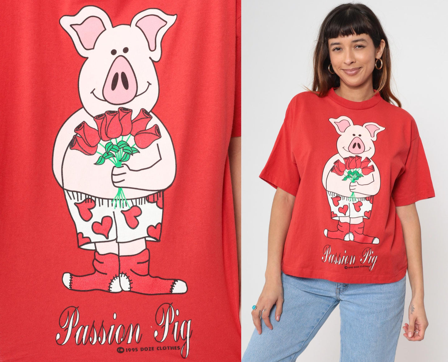 90s Doze Clothes Passion Pig Graphic T-Shirt Red Cotton Crewneck Small
