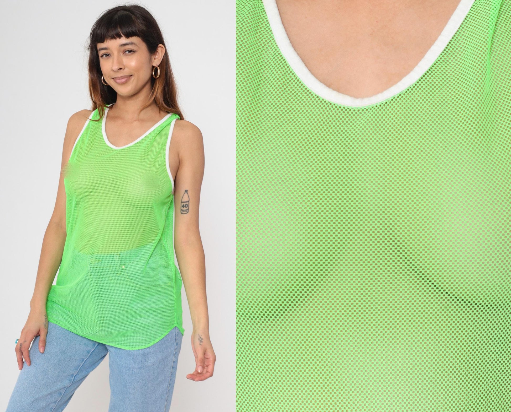 90s Neon Green Mesh Tank Top Sheer Racerback White Ringer Trim One Size