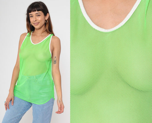 90s Neon Green Mesh Tank Top Sheer Racerback White Ringer Trim One Size
