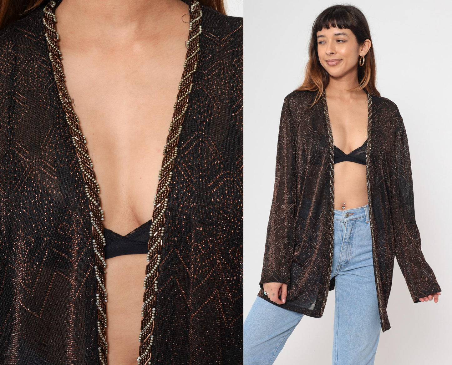 90s Alex Evenings Metallic Bronze Geometric Open Front Jacket Plus Size 20W