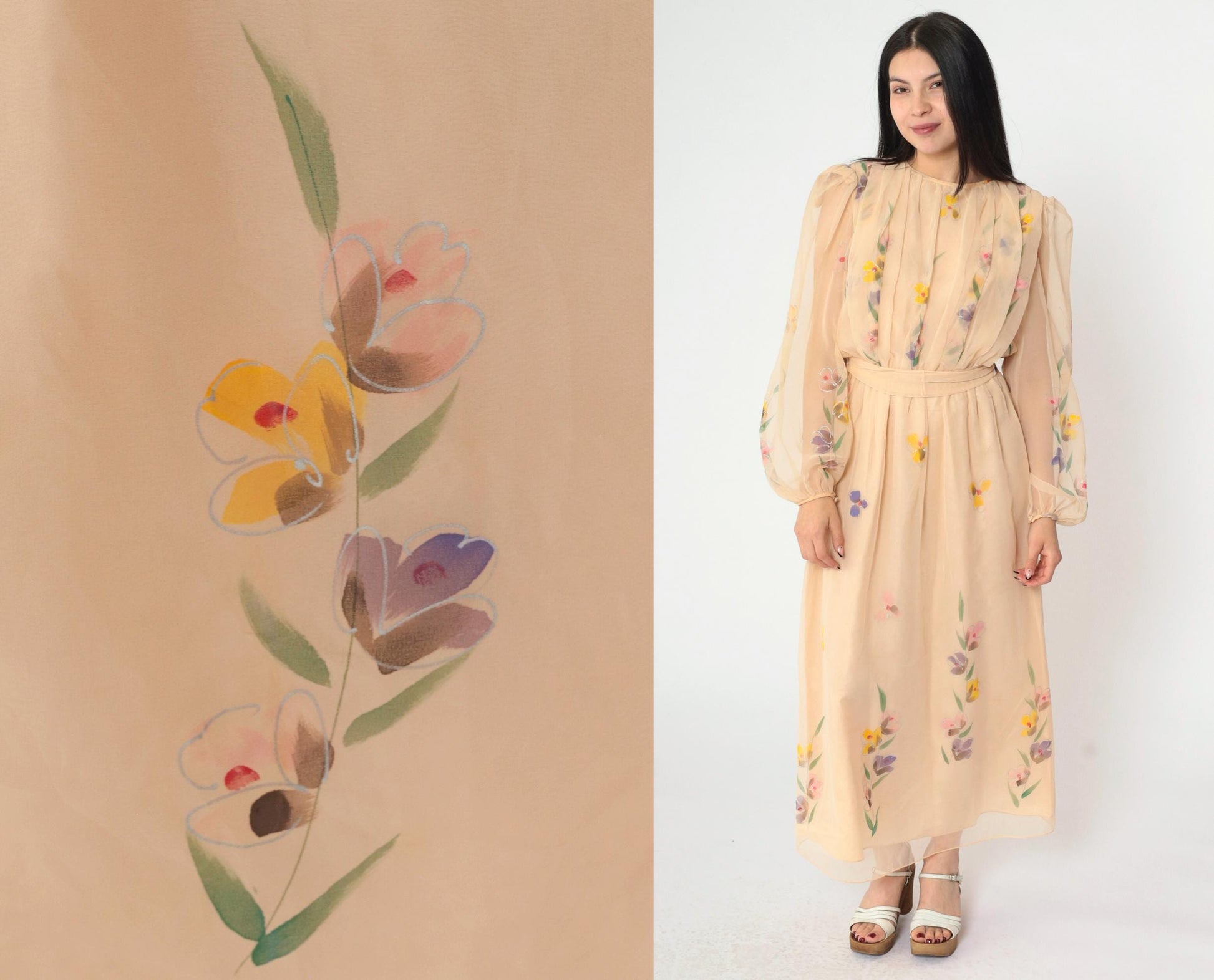 70s Peach Floral Chiffon Maxi Dress Puff Sleeve High Waist Small