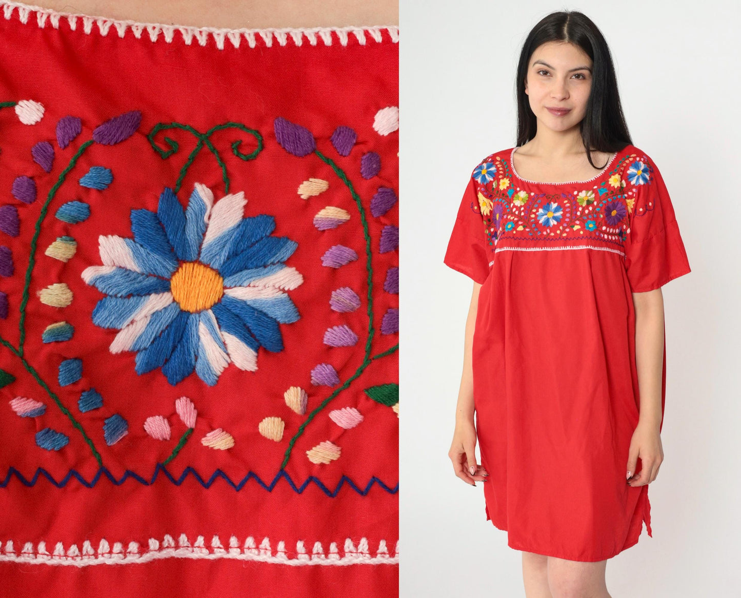 Mexican Embroidered Mini Dress Red Floral Tunic Short Sleeve XXL