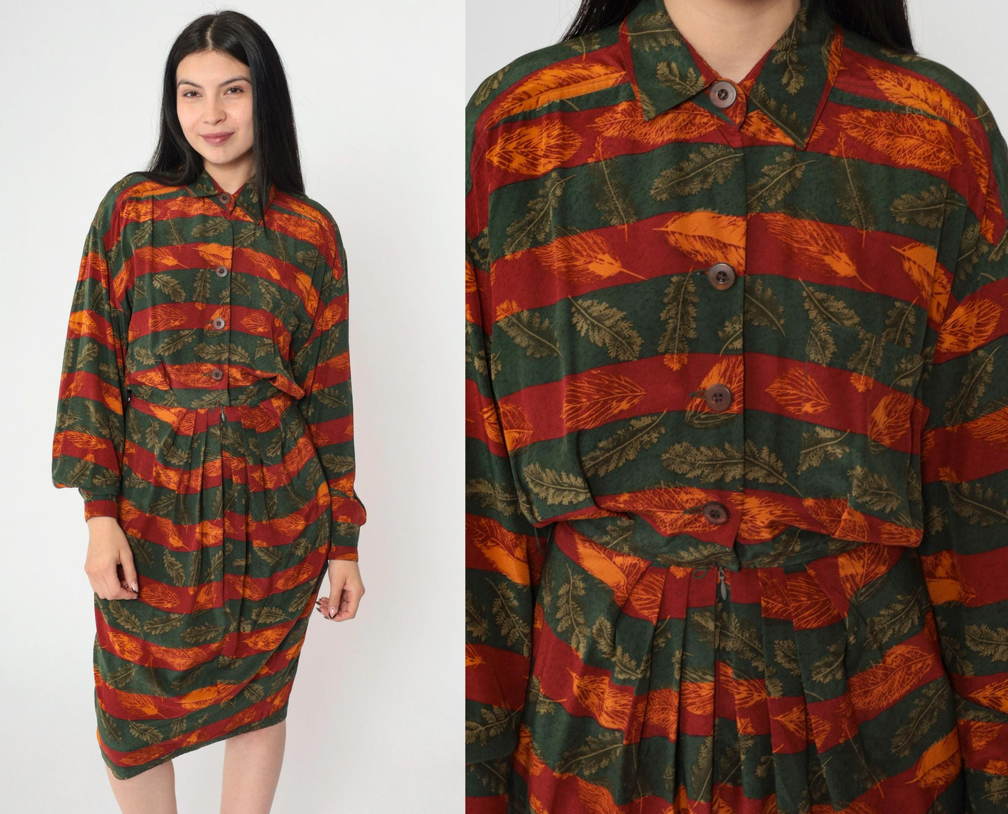 80s Silk Midi Dress Autumn Leaf Print Button-Up Blouson Long Sleeve Red Orange Green Extra Small