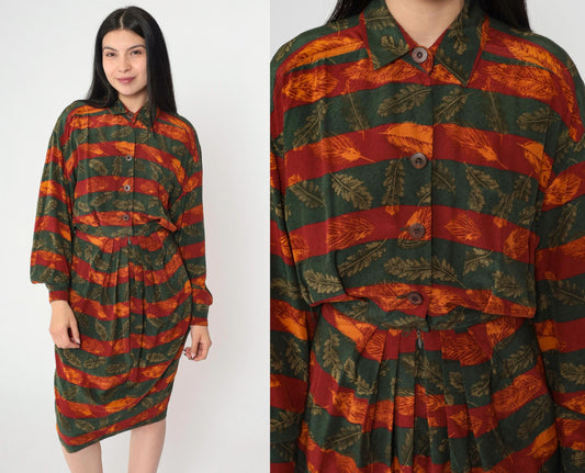 80s Silk Midi Dress Autumn Leaf Print Button-Up Blouson Long Sleeve Red Orange Green Extra Small