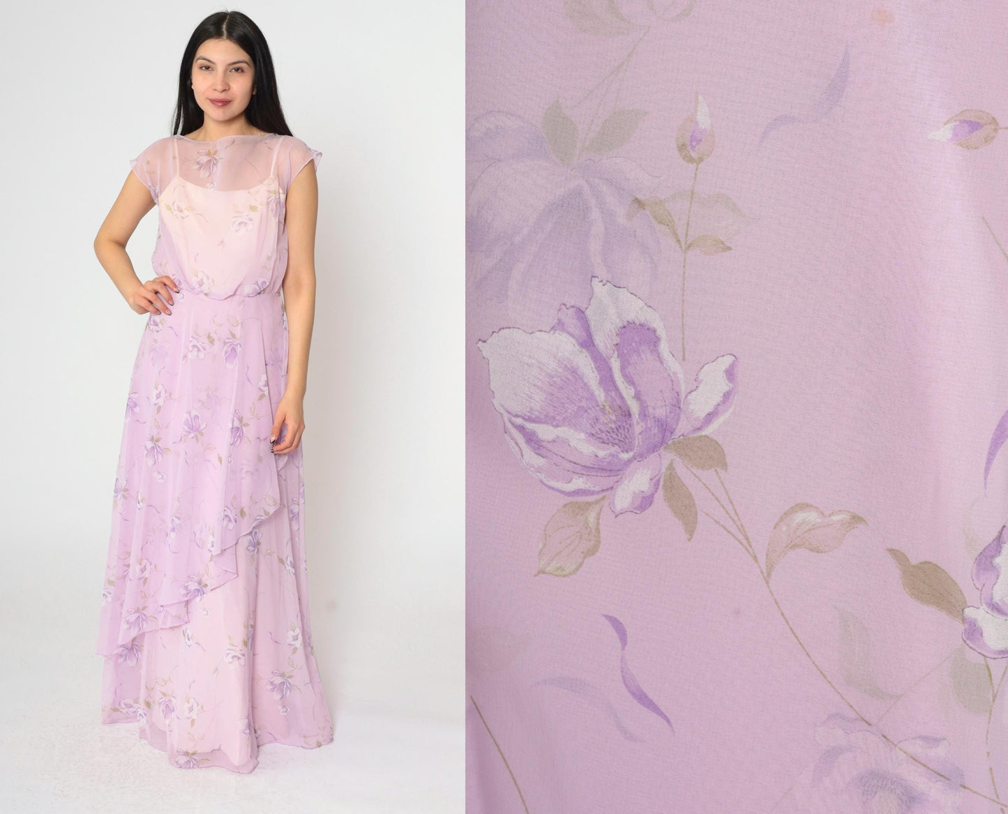 70s Lavender Floral Chiffon Maxi Dress High Waist Asymmetrical Small