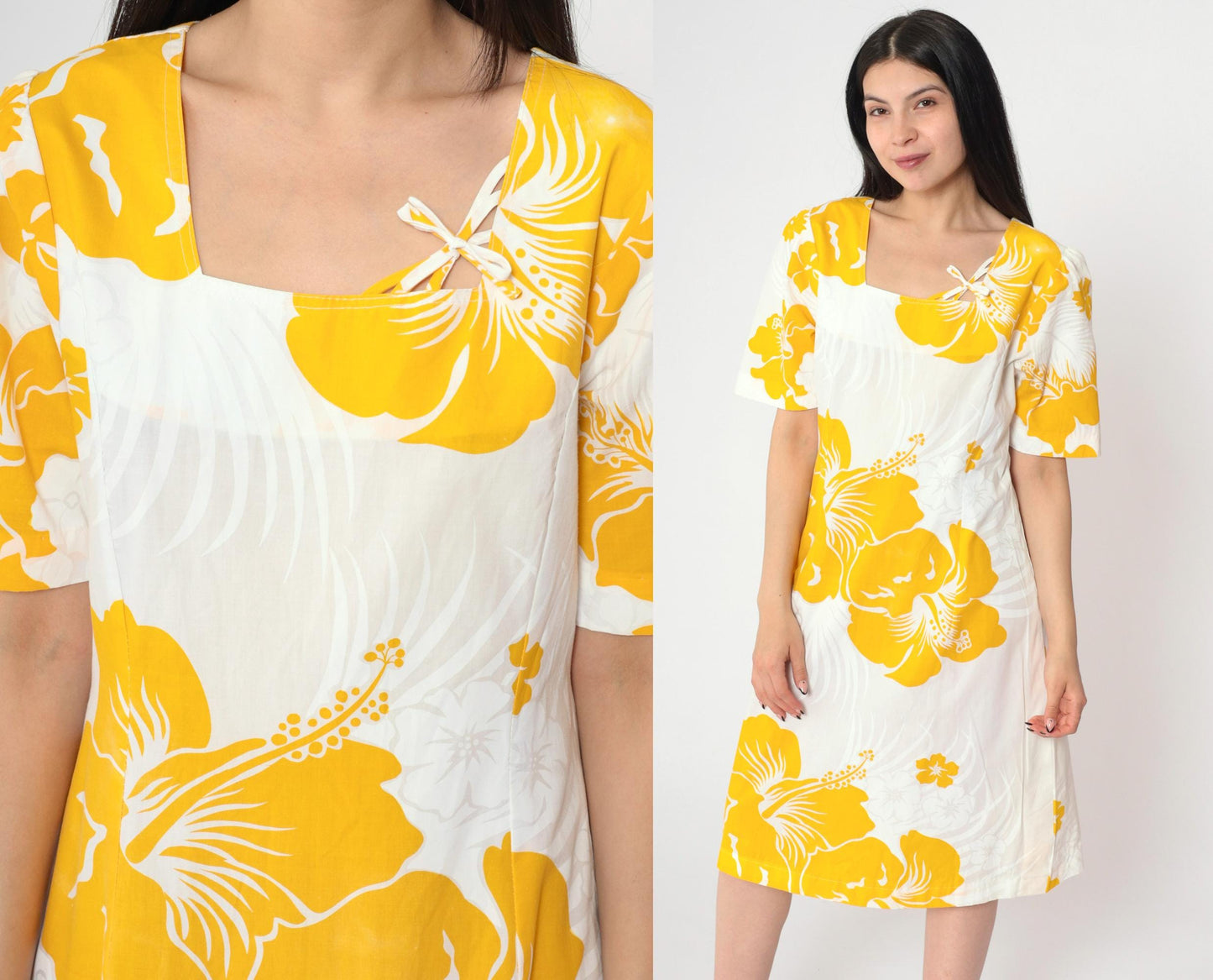 80s Hawaiian Floral Mini Dress White Yellow Tropical Puff Sleeve Small