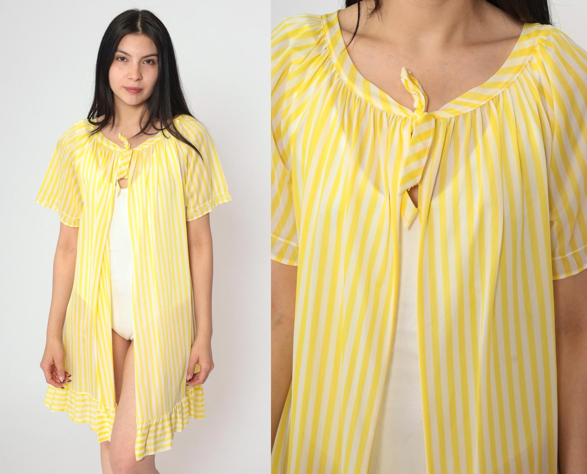 70s Yellow White Striped Nylon Lingerie Robe Open Front Mini Large L