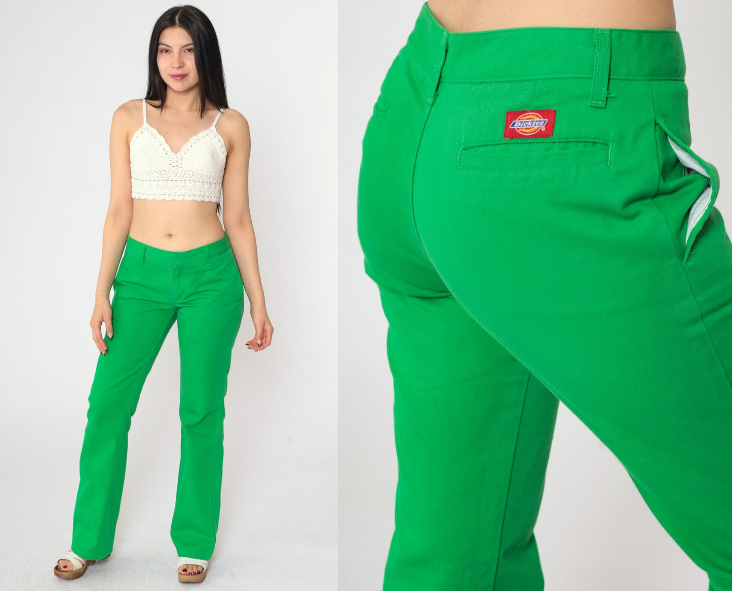 Y2K Dickies Flared Workwear Trousers Bright Green Low Rise Small 3