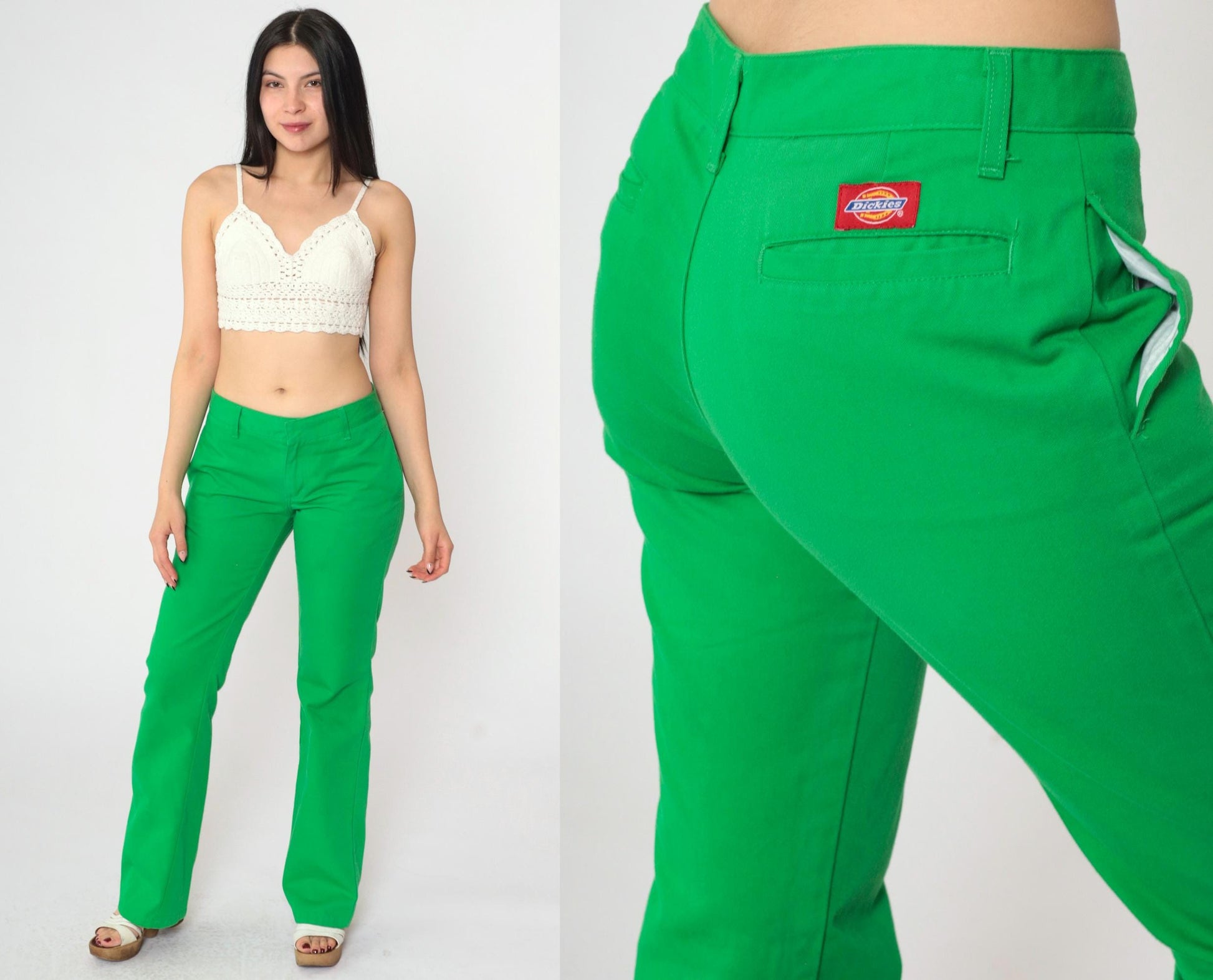 Y2K Dickies Flared Workwear Trousers Bright Green Low Rise Small 3