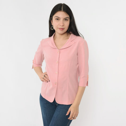 90s Pink Button-Down Blouse 3/4 Sleeve Notched Collar Princess Seams Medium Large