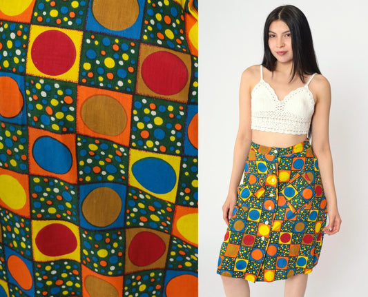 70s Polka Dot High-Waisted Skirt Knee Length Button Front Small