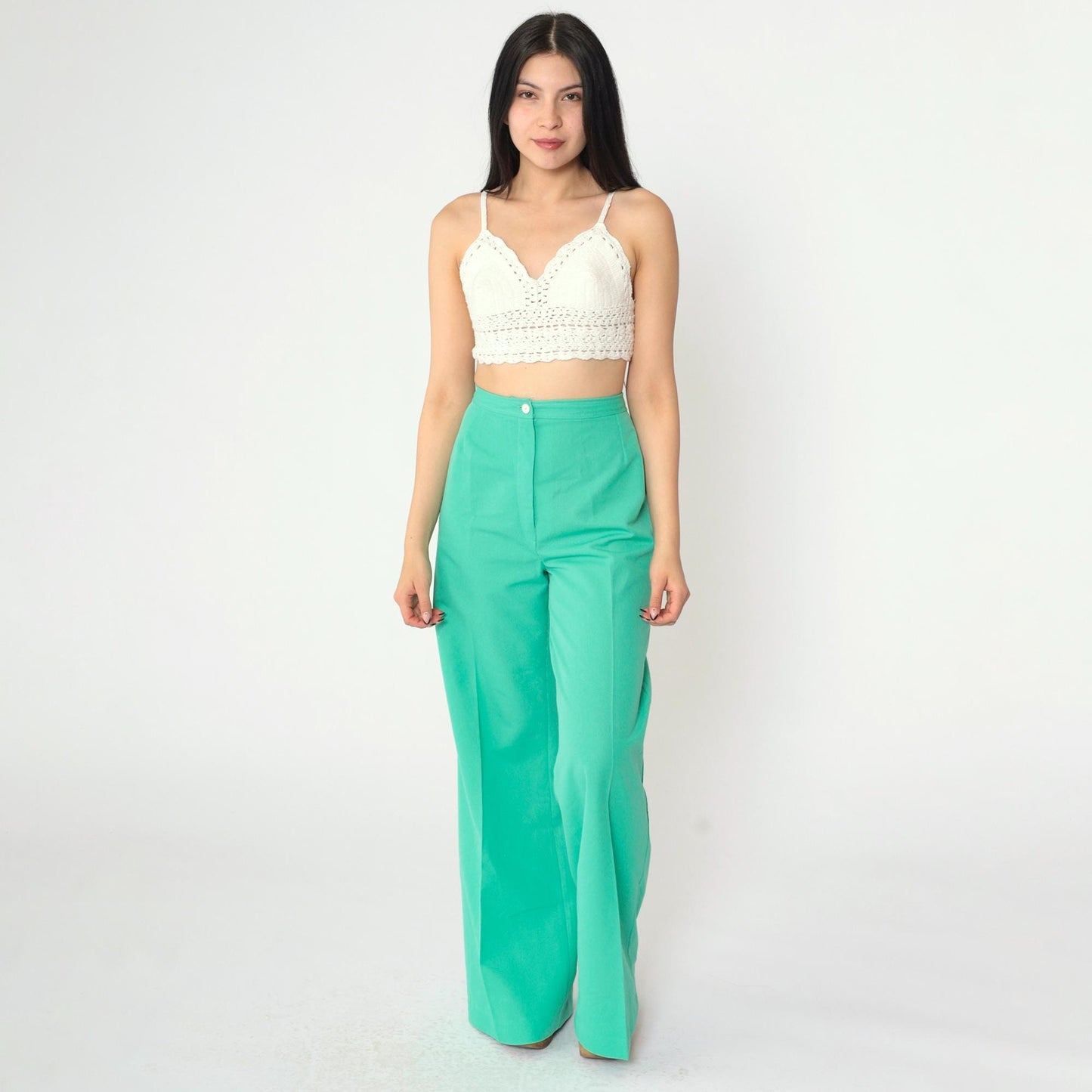 70s Green Polyester High-Waist Wide-Leg Flared Trousers Small