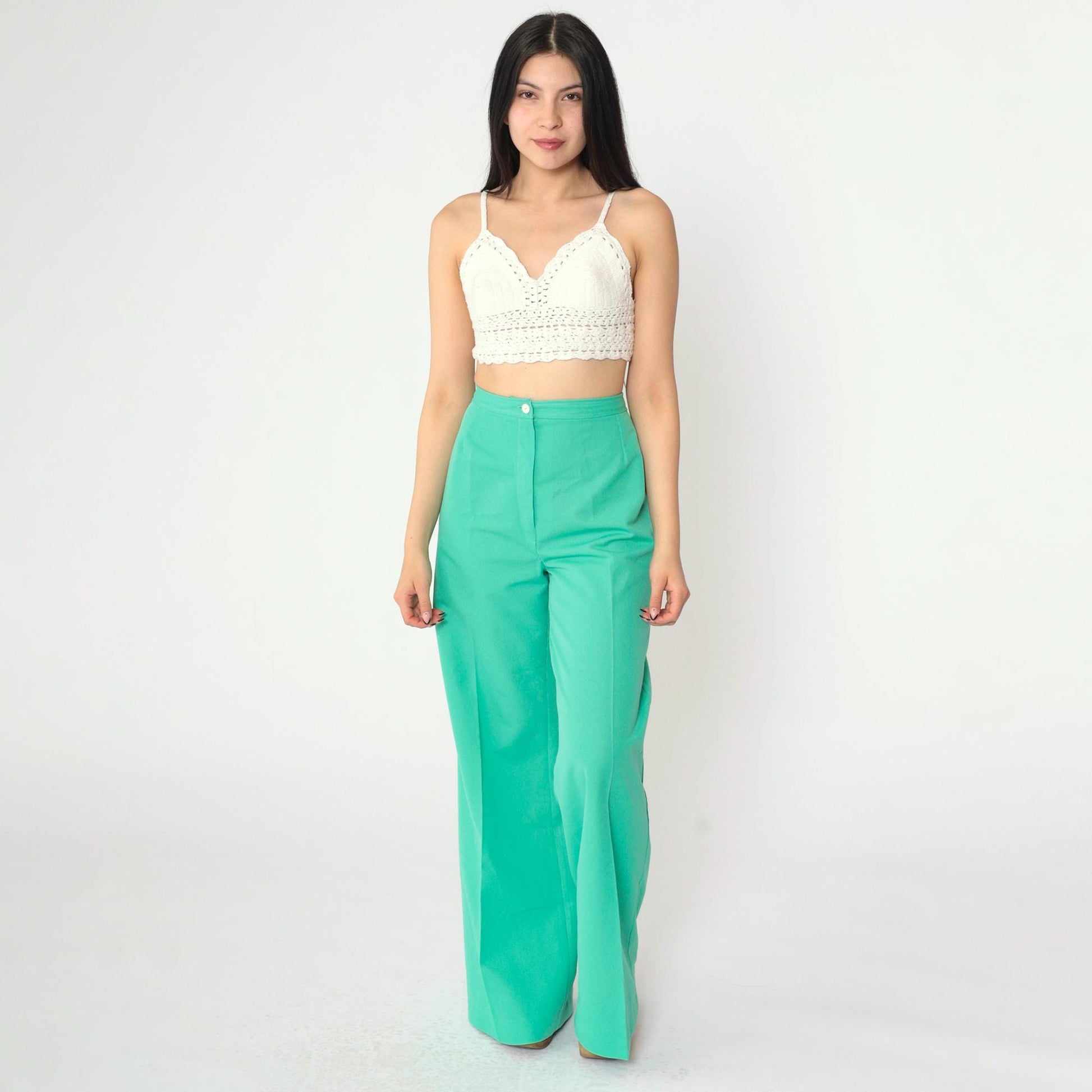 70s Green Polyester High-Waist Wide-Leg Flared Trousers Small