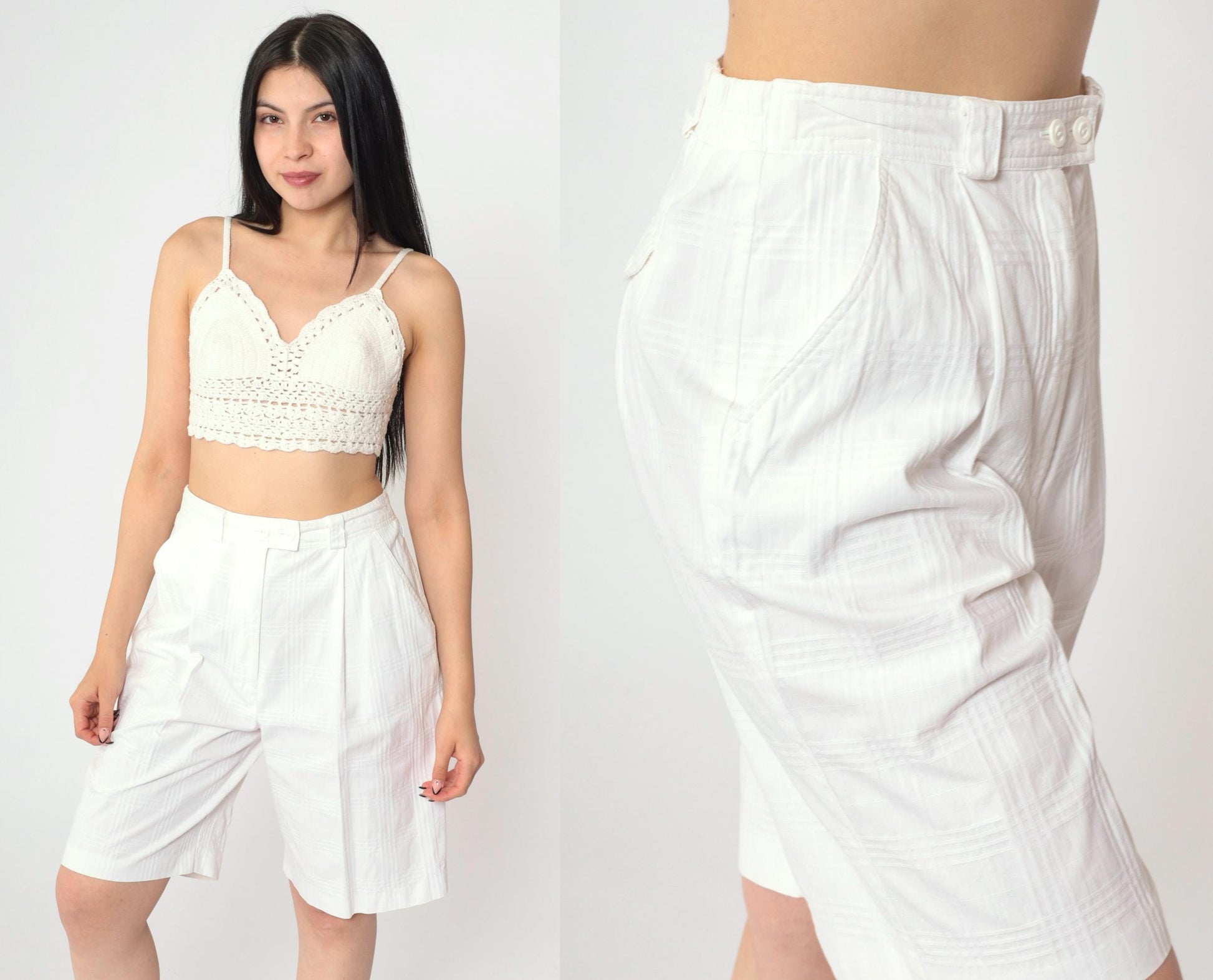 80s Lily's of Beverly Hills White Checkered Shorts Pleated High Waist Small
