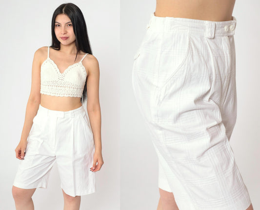 80s Lily's of Beverly Hills White Checkered Shorts Pleated High Waist Small