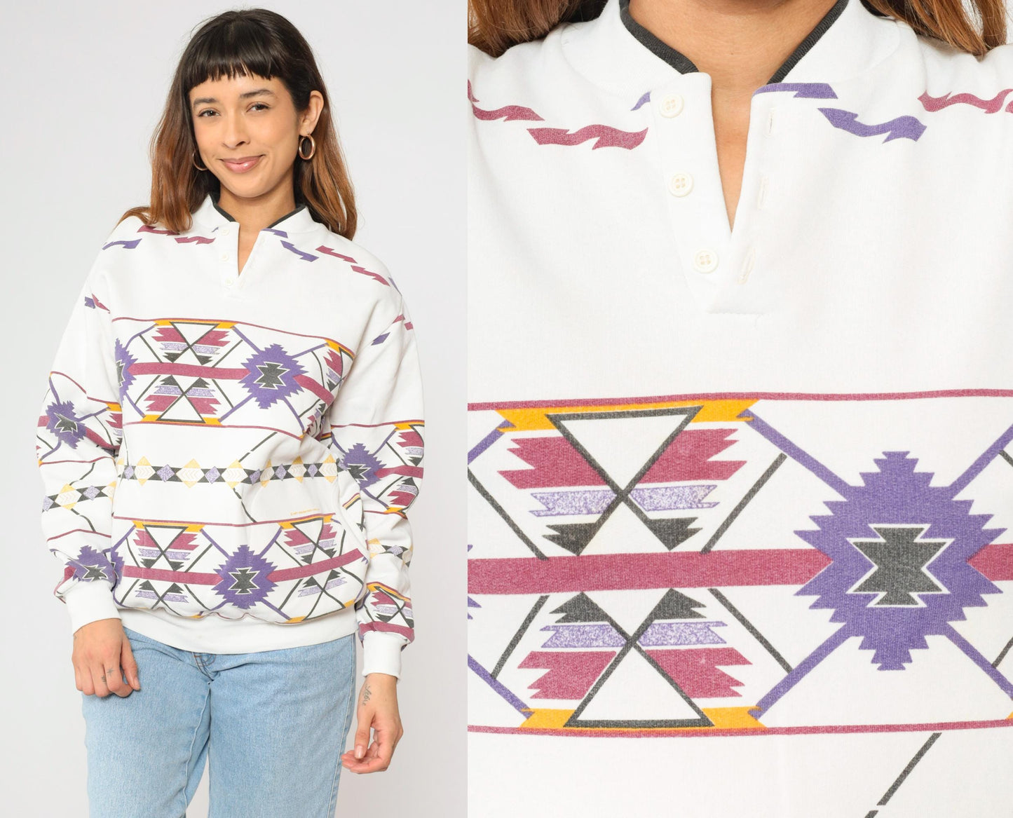 90s Southwestern Print Sweatshirt White Henley Neckline Medium M
