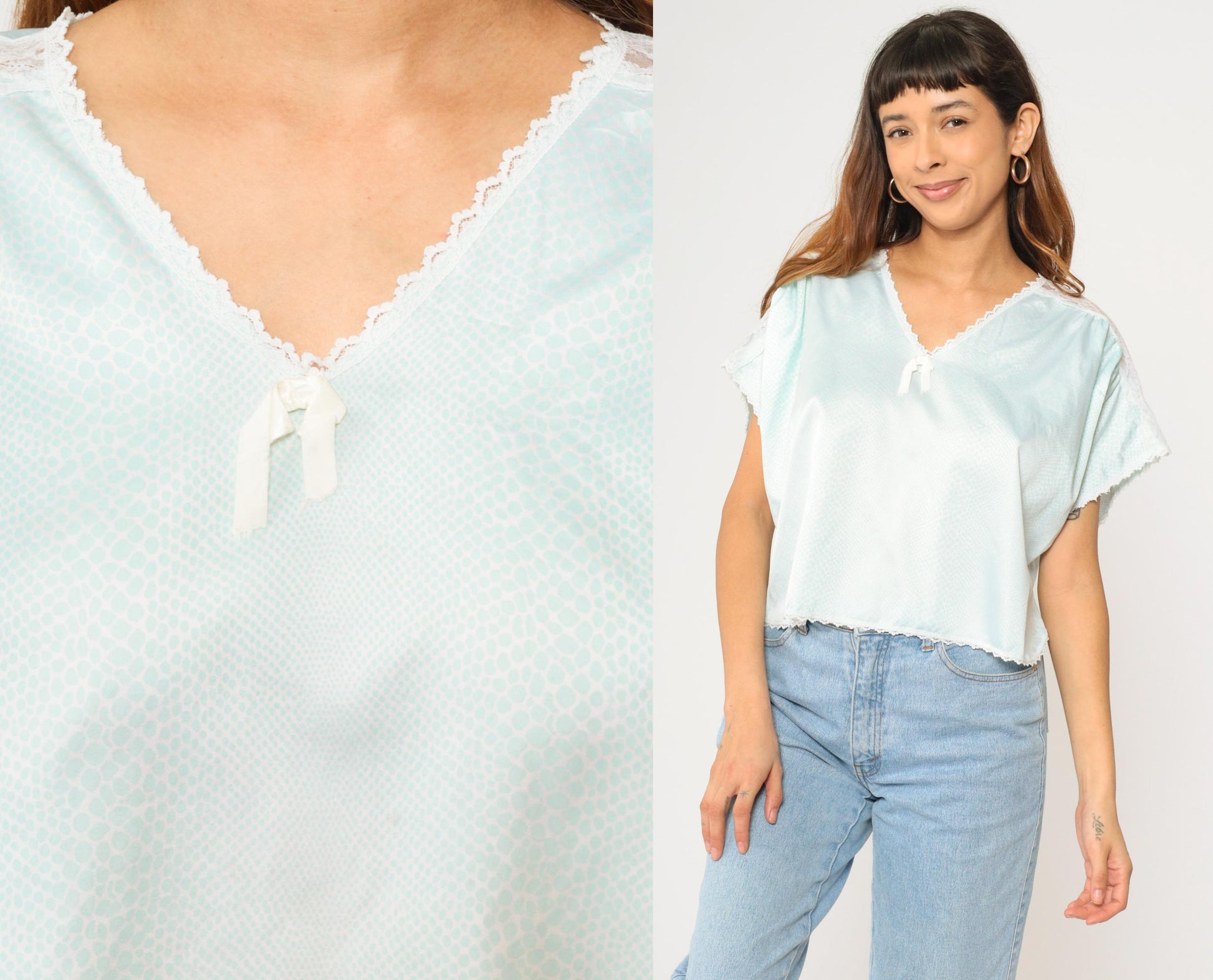 80s Aqua Satin Snakeskin Pajama Top Lace Trim Cropped V-Neck Medium