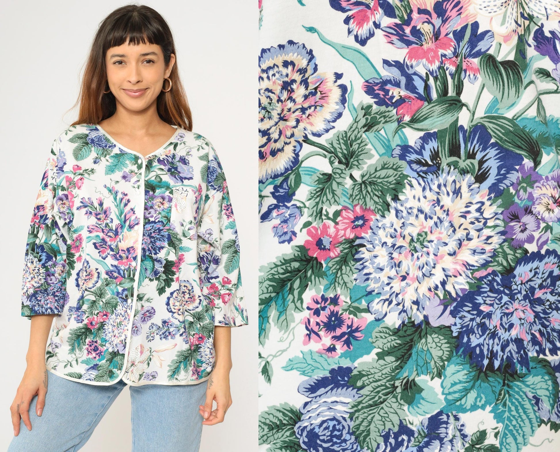 90s Earth Angels Floral Cotton Blouse White Purple Blue Green Piped Trim Large