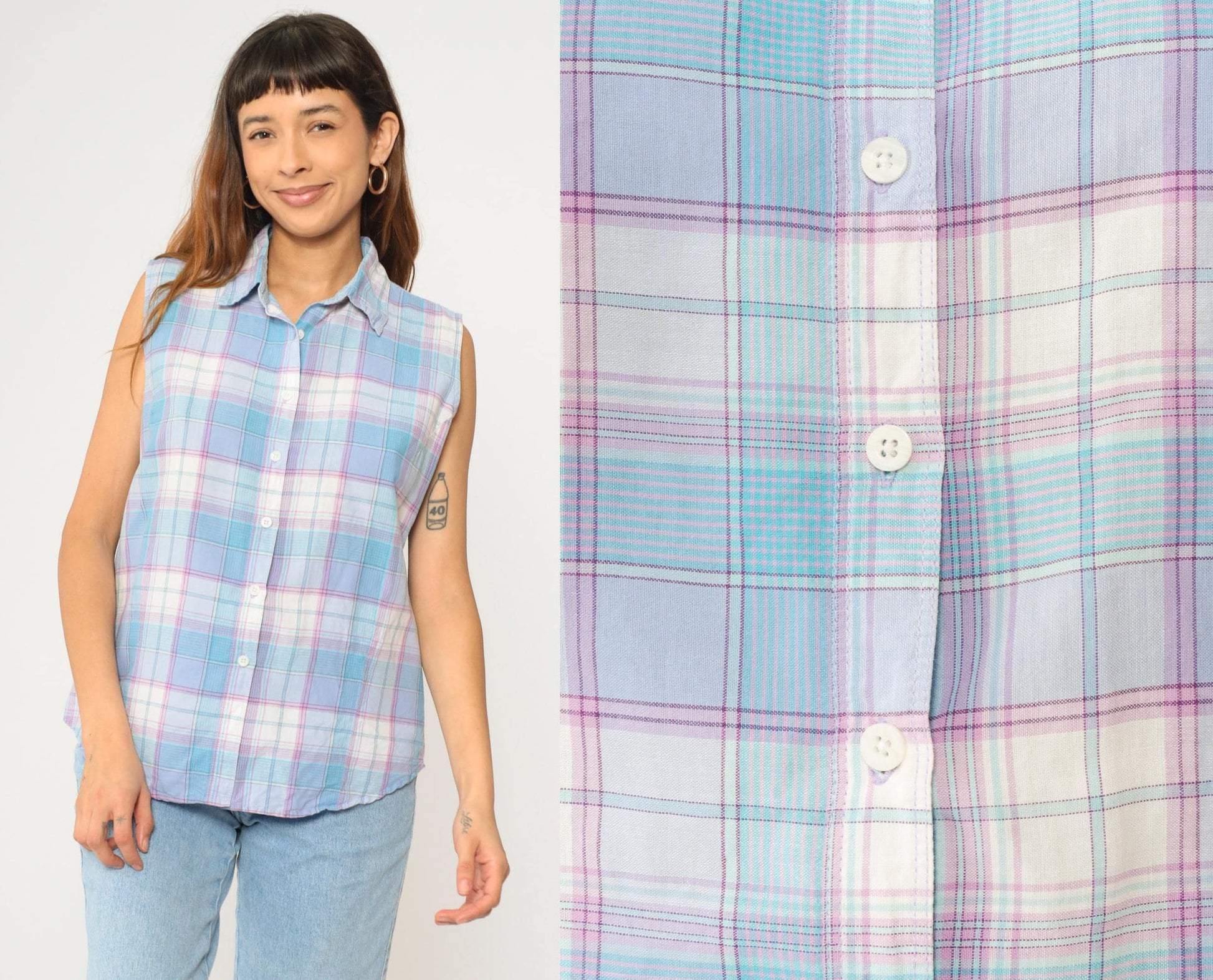 90s Wrangler Blues Plaid Sleeveless Blouse Button-Up Tank Blue White Purple Large L