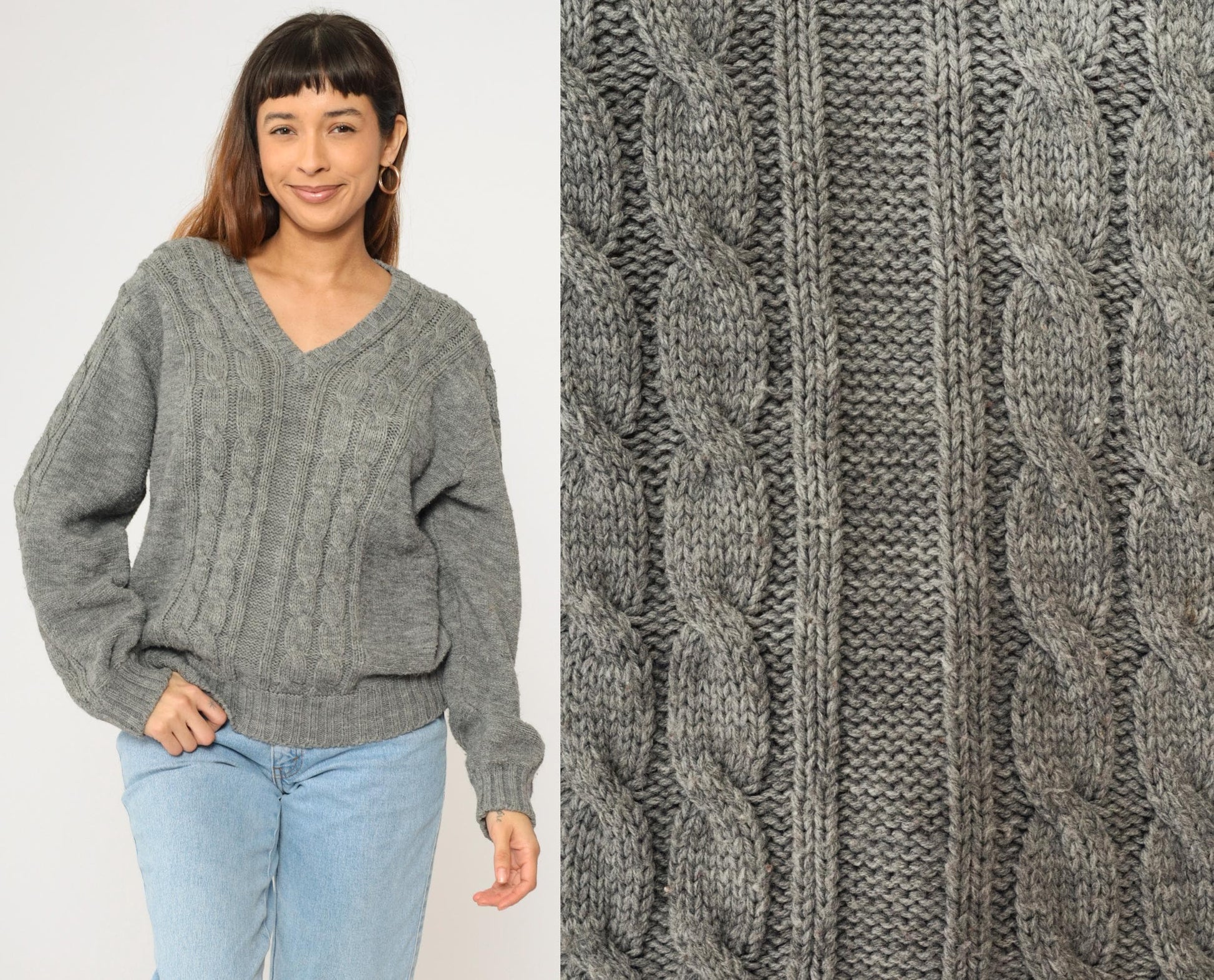 80s Campus Cable Knit V-Neck Sweater Grey Acrylic Pullover Medium M