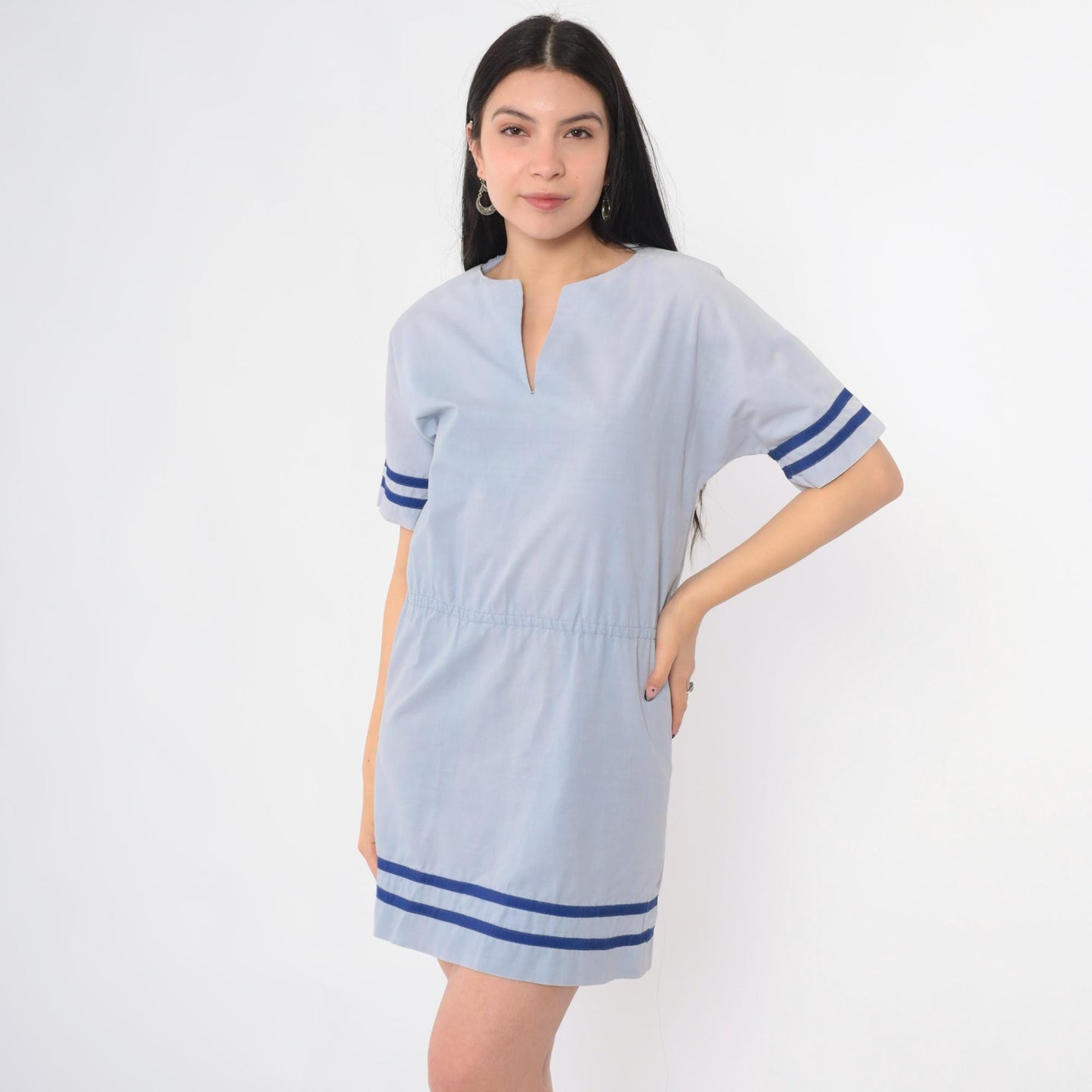 1970s Blue Striped V-Neck Mini Dress High Waist Short Sleeve Small