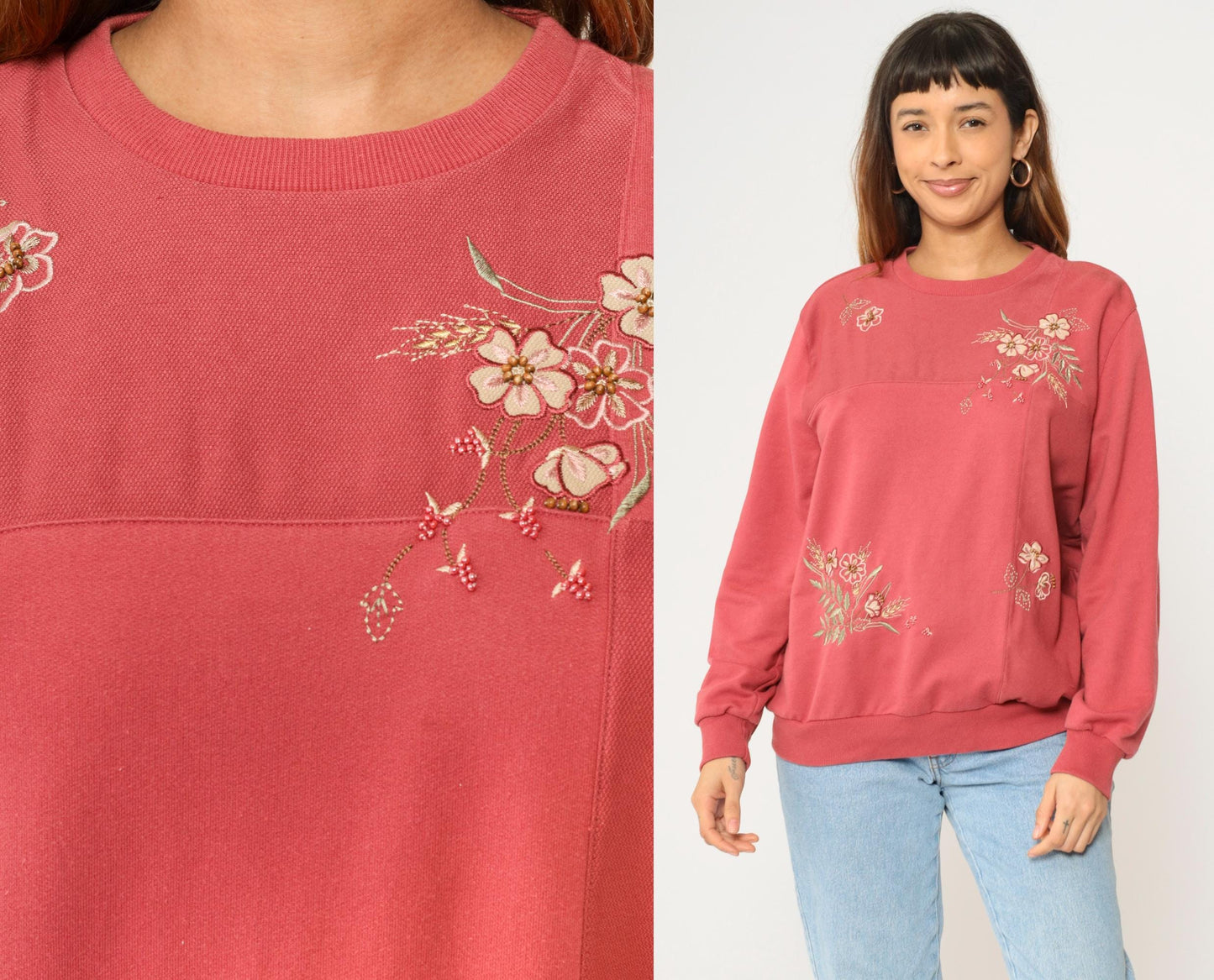 Y2K Alfred Dunner Floral Embroidered Sweatshirt Coral Pink Beaded Crewneck Large L