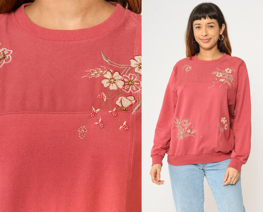 Y2K Alfred Dunner Floral Embroidered Sweatshirt Coral Pink Beaded Crewneck Large L