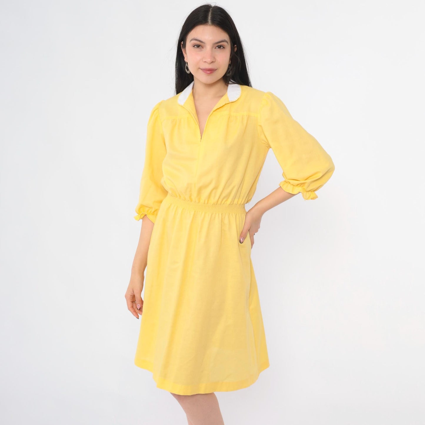 70s Yellow Puff Sleeve Midi Dress White Collar Smocked Waist Small S