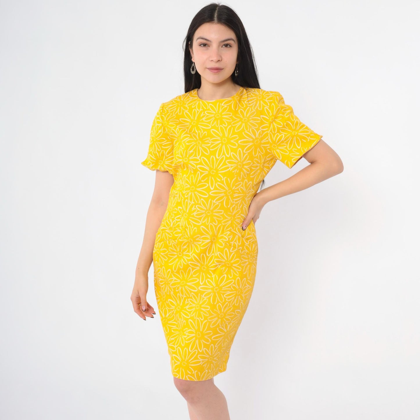 90s Yellow Floral Cotton Sheath Dress Short Sleeve Mini Small 6