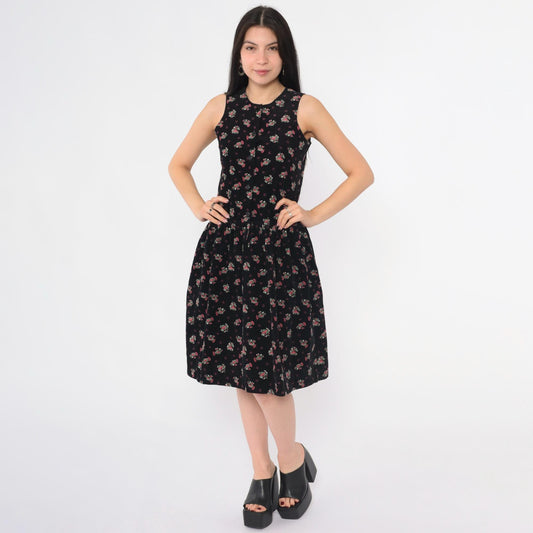 90s Black Corduroy Floral Button-Up Pinafore Midi Dress Extra Small