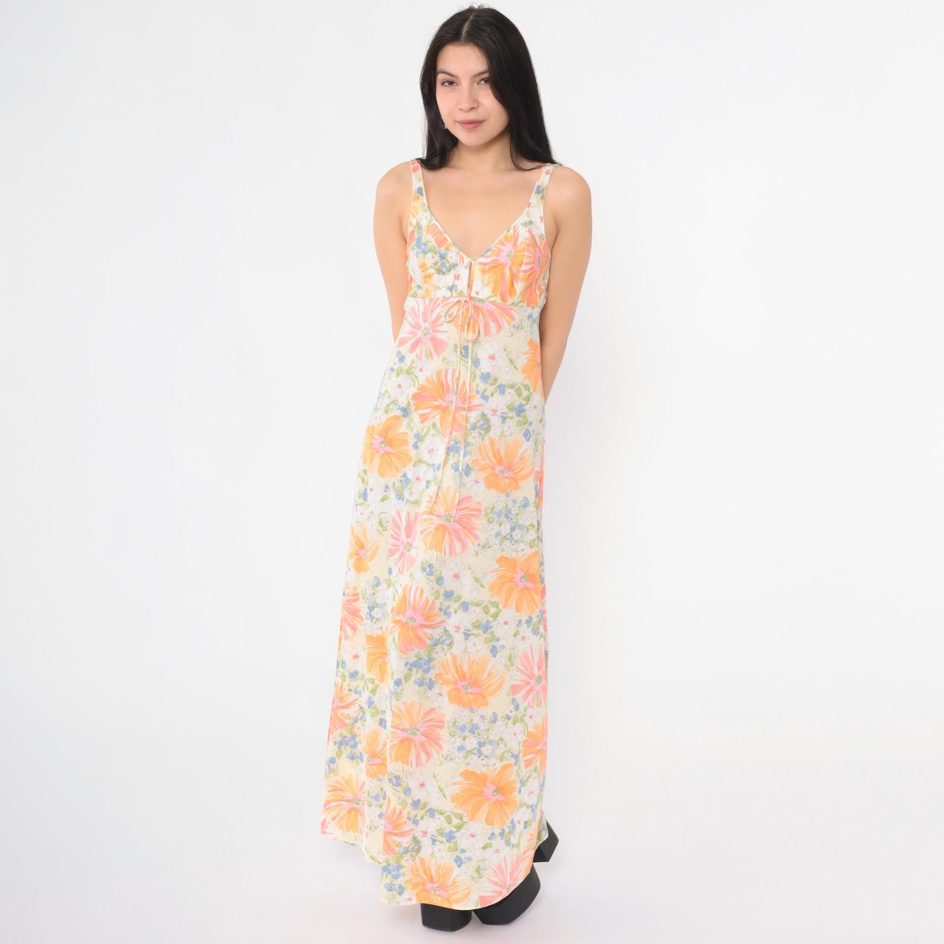 70s Floral Nightgown Maxi Slip Dress White Plunge Neckline Extra Small