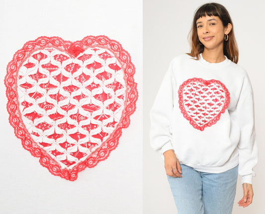 90s Jerzees White Sweatshirt Handkerchief Heart Red Lace Trim Extra Large XXL