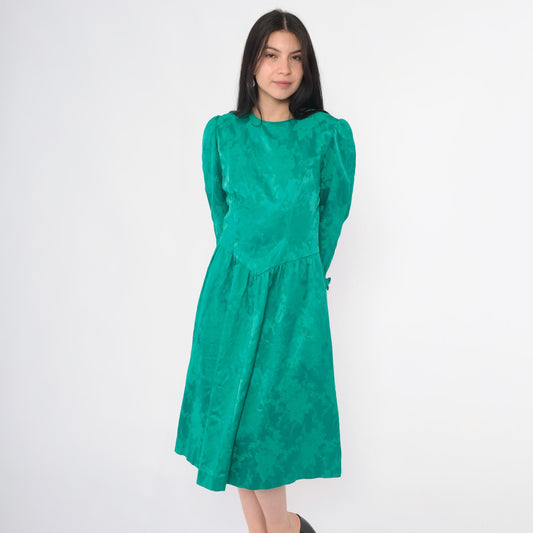 80s Lanz Originals Emerald Jacquard Midi Dress Puff Sleeve Bow Cuff Medium M