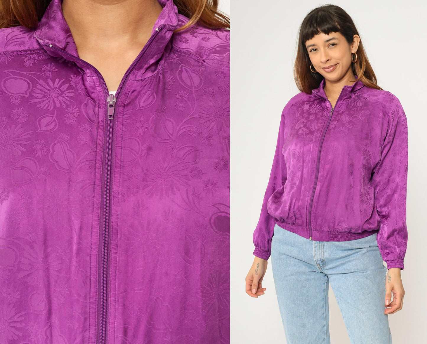 90s Silk Floral Jacquard Windbreaker Purple Zip-Up Raglan Jacket Extra Small
