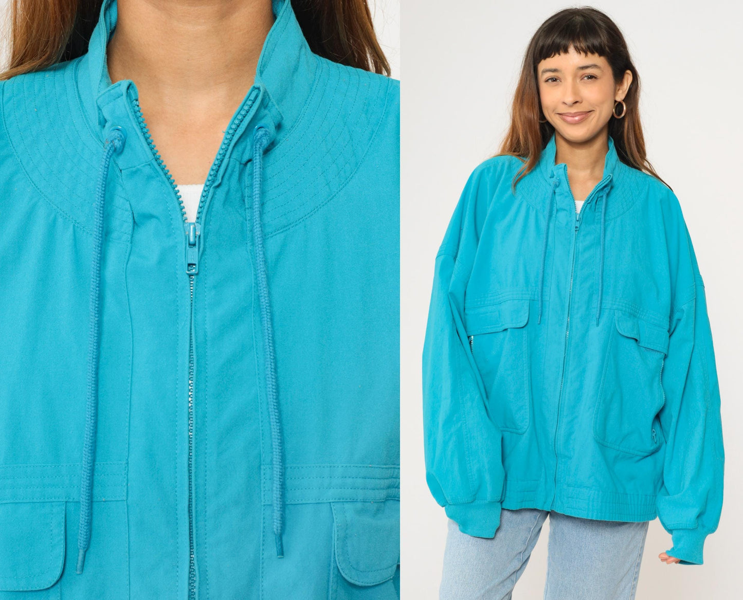 90s Turquoise Windbreaker Jacket Cargo Pockets Drawstring Neck XXL