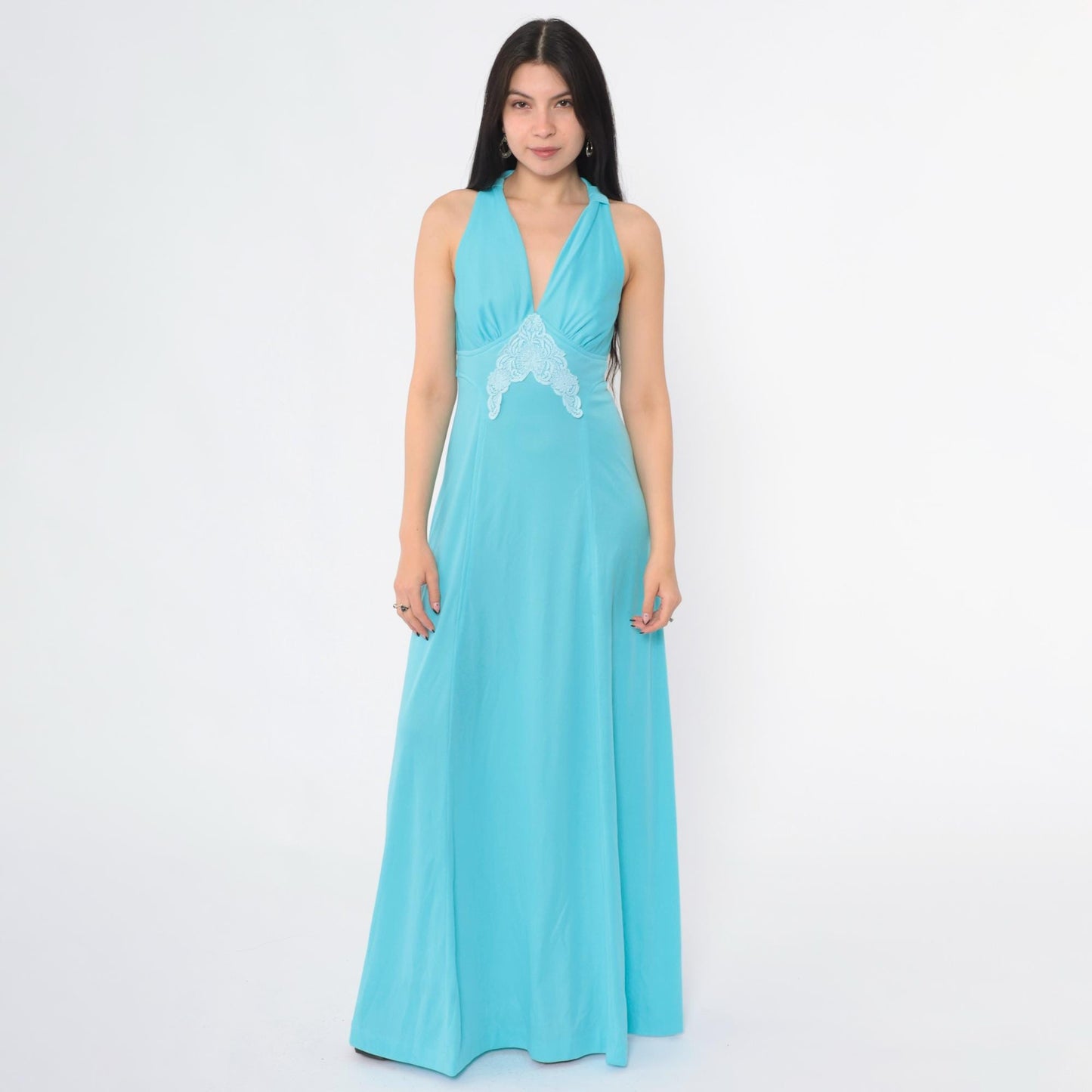 70s Blue Lace Empire Waist Maxi Dress V-Neck Sleeveless Racerback Small