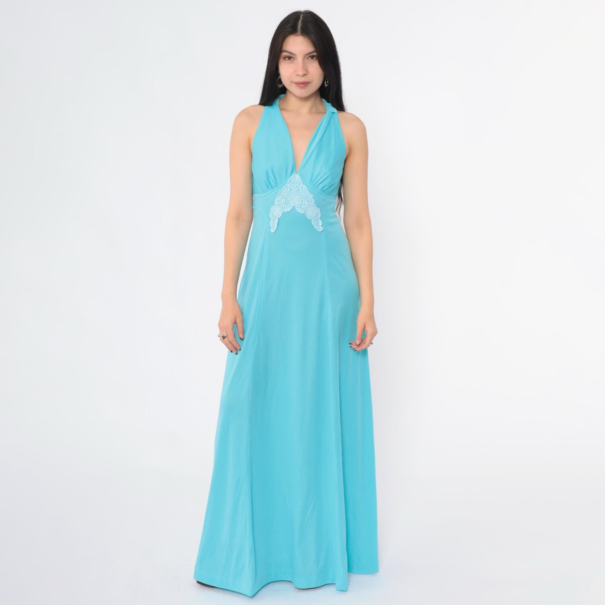 70s Blue Lace Empire Waist Maxi Dress V-Neck Sleeveless Racerback Small