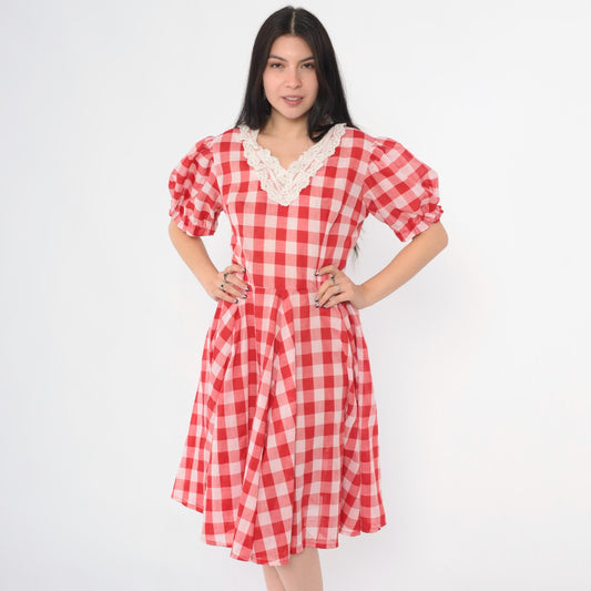 1970s Red Gingham Dress Puff Sleeve V-Neck Fit Flare Knee Length Small S