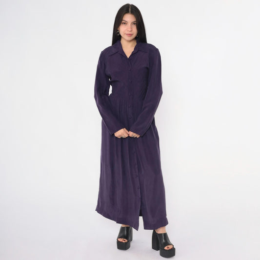 90s Coldwater Creek Purple Maxi Shirtdress Pintuck Collar Long Sleeve Medium M