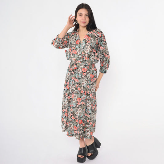 80s John Richard Floral Midi Dress Puff Sleeve V-Neck Elastic Waist Medium