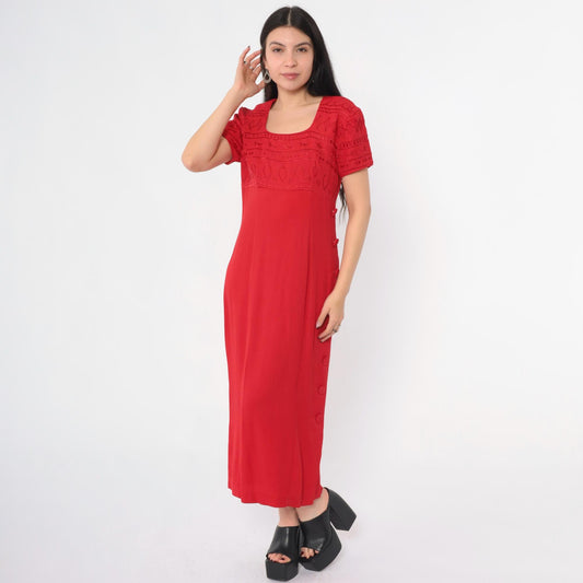 90s Jessica Howard Red Geometric Embroidered Midi Dress Empire Waist Small